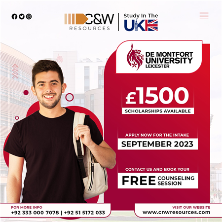 Study at DE Montfort University and get up to FIFTEEN THOUSAND POUNDS SCHOLARSHIP.