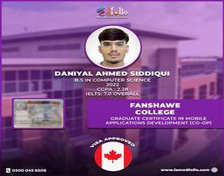 Congratulations To Daniyal for achieving visa on graduate certificate  mobile applications development in Fanshawe college, Canada.