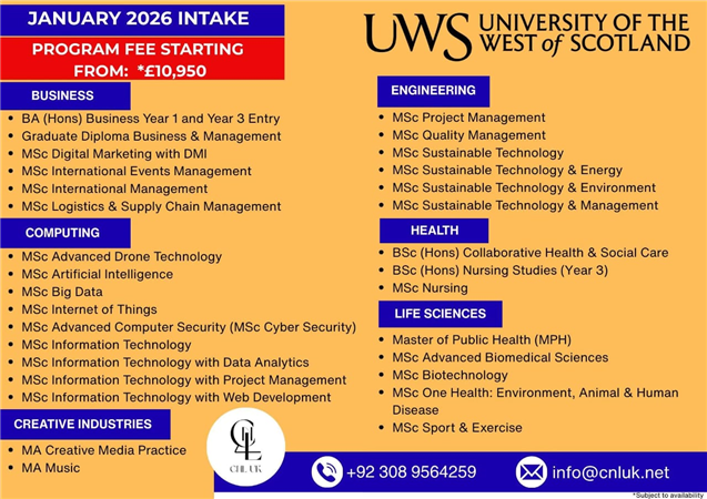 UWS University of West Scotland Admissions Open In UK